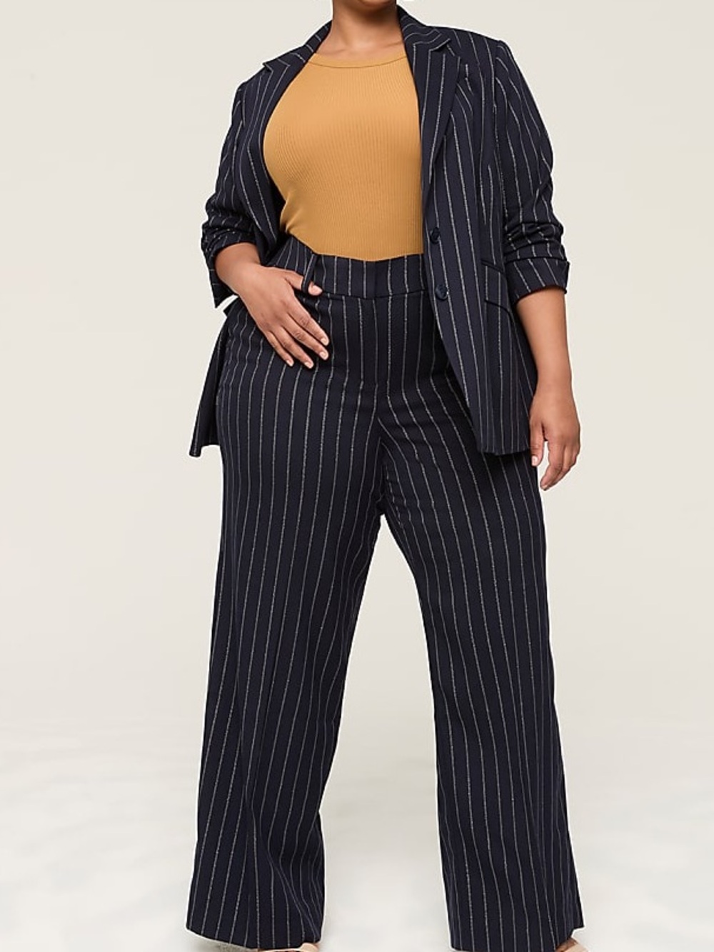 Lane Bryant Navy & Silver Pinstripe Lurex Perfect Drape Blazer 22W & Pants 22S
